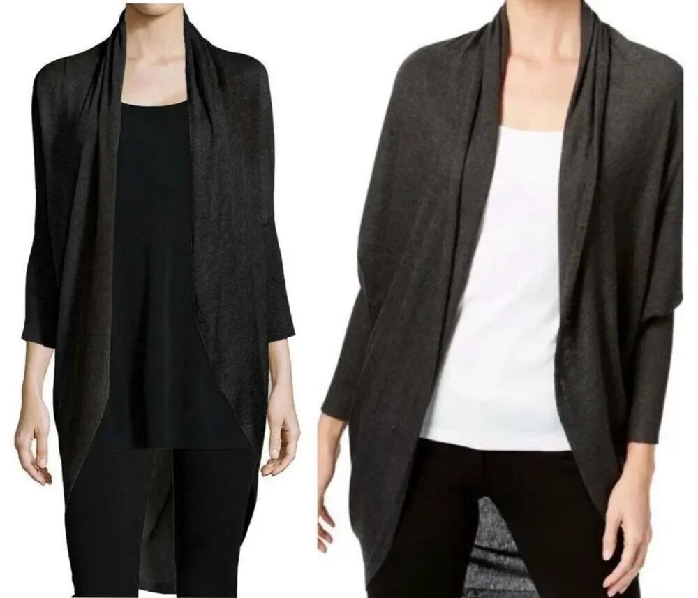 Eileen Fisher draped cardigan shawl sweater dolman sleeves gray lightweight M